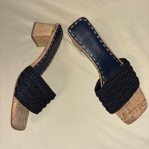 New DONALD PLINER 9.5 M Nayla Navy Blue Crochet Slide Sandal Wood Block Heel